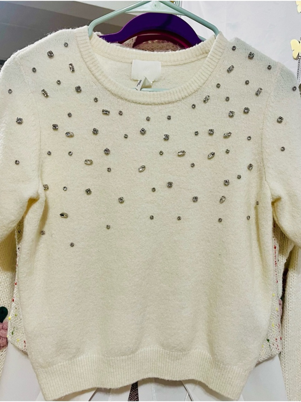 H&M Cream Crewneck Sweater with Beaded Embellishments
